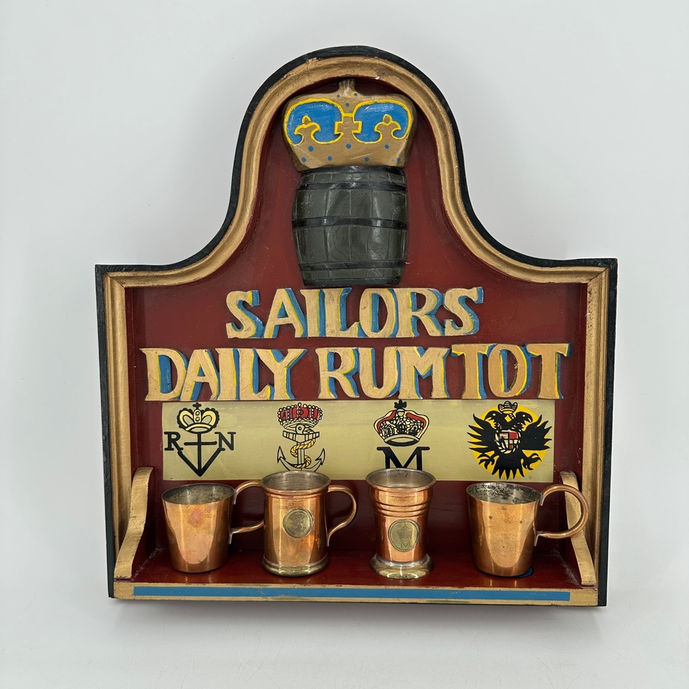 Authentic Models Sailors Daily Rum Tot Wood Sign with 4 Copper Measuring Cups